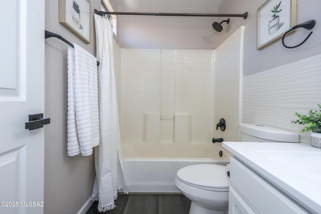 Tucson, AZ 85748 - bathroom with shower / bathtub combination with curtain, toilet, vanity, and wood finished floors