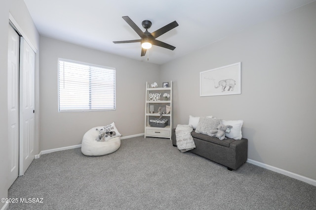 Tucson, AZ 85748 - living area with carpet floors, ceiling fan, and baseboards