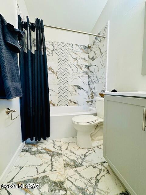 7122 E Eastland St, Tucson, AZ 85710 - bathroom with shower / bath combination with curtain, toilet, marble look tiles, baseboards, and vanity