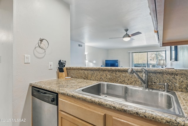 961 N Euclid Ave Unit 130, Tucson, AZ 85719 - kitchen featuring stainless steel dishwasher, a sink, a ceiling fan, light brown cabinetry, and open floor plan
