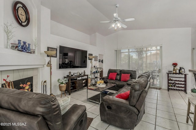 7157 W Odyssey Way, Tucson, AZ 85743 - living area with lofted ceiling, ceiling fan, and light tile patterned flooring