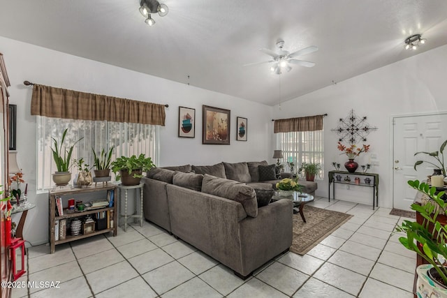 7157 W Odyssey Way, Tucson, AZ 85743 - living room with a ceiling fan, light tile patterned floors, and vaulted ceiling