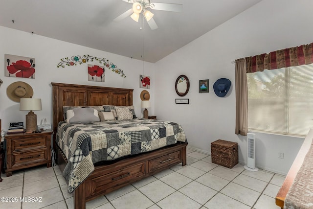 7157 W Odyssey Way, Tucson, AZ 85743 - bedroom with light tile patterned floors, lofted ceiling, baseboards, and a ceiling fan