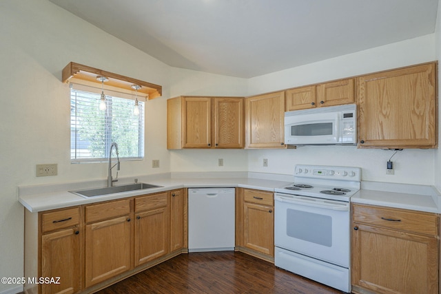 8954 E Pomegranate St, Tucson, AZ 85730 - kitchen with white appliances, light countertops, and dark wood-style flooring