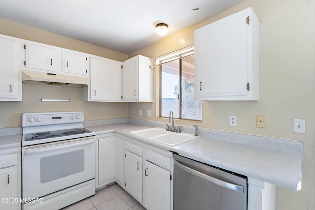 2340 S Window Rock Pl, Tucson, AZ 85710 - kitchen with electric stove, dishwasher, under cabinet range hood, a sink, and white cabinetry