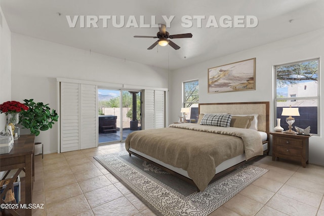 14243 E Whisper Trl, Vail, AZ 85641 - bedroom with access to outside, light tile patterned flooring, and ceiling fan