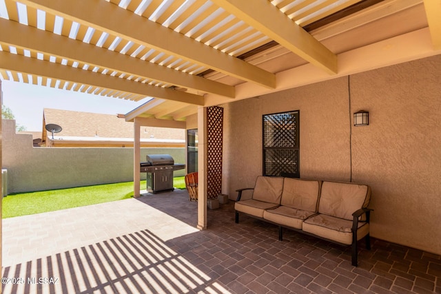 8172 N Streamside Ave, Tucson, AZ 85741 - view of patio with a grill, a pergola, and an outdoor living space