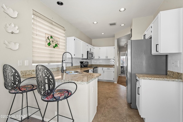 9860 N Western Sky Pl, Tucson, AZ 85742 - kitchen featuring a sink, appliances with stainless steel finishes, a peninsula, light stone counters, and tasteful backsplash