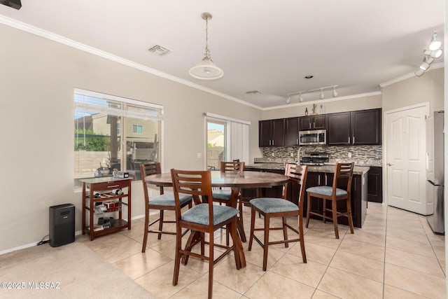 6733 S Stone Fly Dr, Tucson, AZ 85757 - dining area with ornamental molding, light tile patterned floors, and track lighting