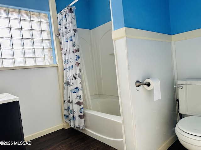 41 S Main St, Pima, AZ 85543 - full bath with toilet, shower / bath combo, baseboards, wood finished floors, and vanity