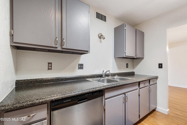 625 S Prudence Rd Apt 201, Tucson, AZ 85710 - kitchen featuring stainless steel dishwasher, a sink, gray cabinetry, dark countertops, and light wood-style flooring