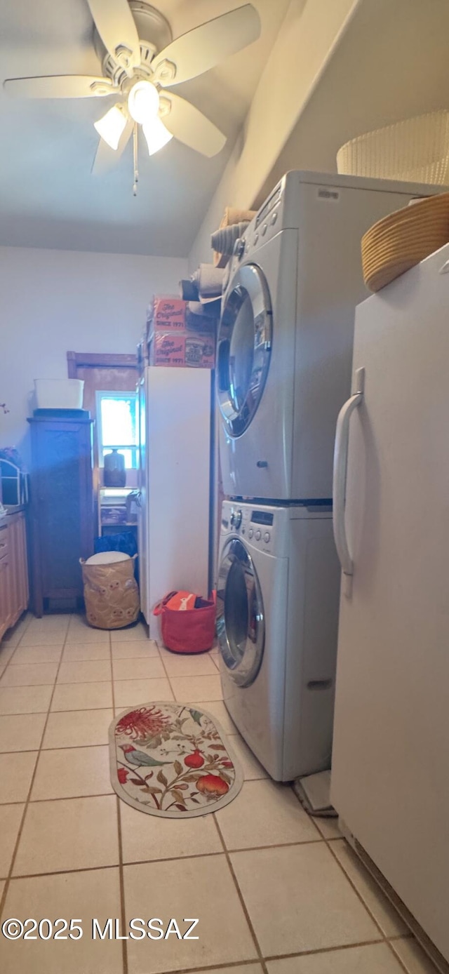 1606 N Panorama Way, Cochise, AZ 85606 - washroom featuring stacked washer / dryer, light tile patterned floors, and a ceiling fan