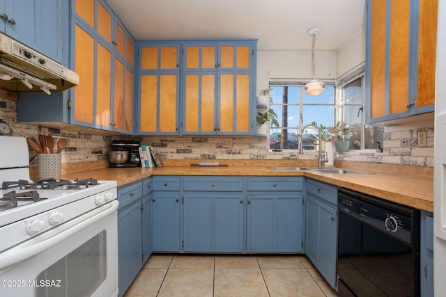 4308 E Elmwood St, Tucson, AZ 85711 - kitchen with white gas range, dishwasher, a sink, extractor fan, and blue cabinets