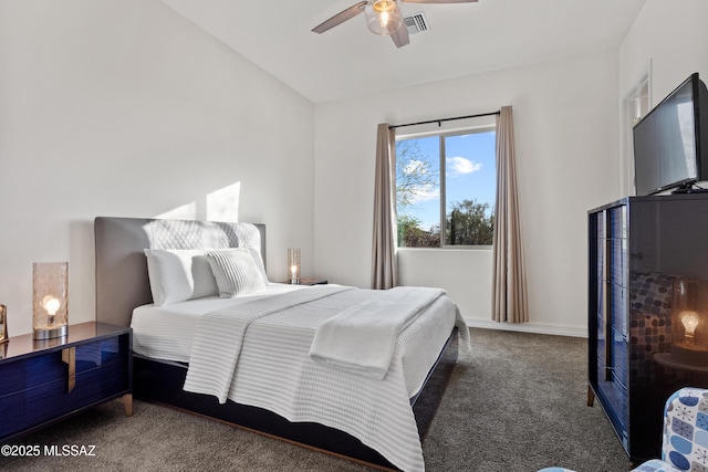 12475 N Faraway Wash Trl, Marana, AZ 85658 - bedroom with carpet floors, a ceiling fan, and vaulted ceiling