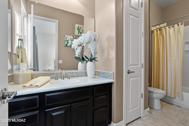 12475 N Faraway Wash Trl, Marana, AZ 85658 - full bathroom with vanity, shower / bathtub combination with curtain, decorative backsplash, and tile patterned flooring