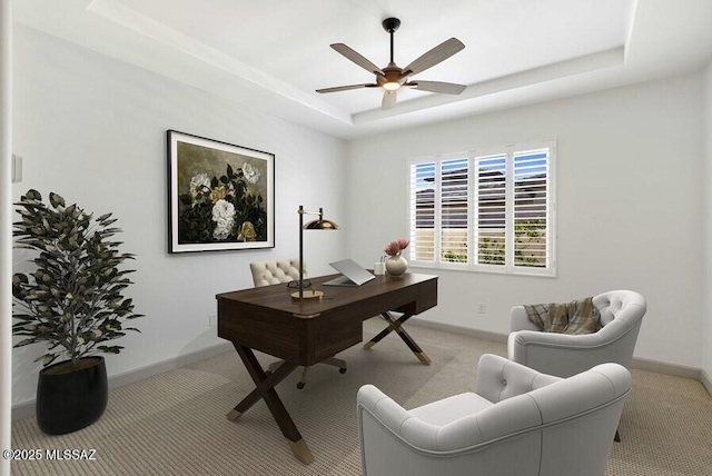 30755 S Chestnut Way, Oracle, AZ 85623 - office area featuring a tray ceiling, light carpet, and ceiling fan