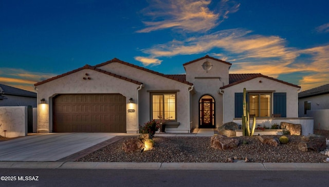 30755 S Chestnut Way, Oracle, AZ 85623 - mediterranean / spanish house with a garage, stucco siding, concrete driveway, and a tile roof