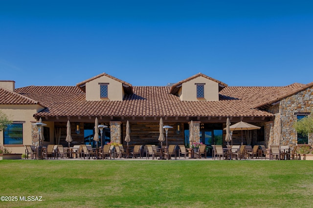 30755 S Chestnut Way, Oracle, AZ 85623 - rear view of house featuring a lawn, a tile roof, and a patio