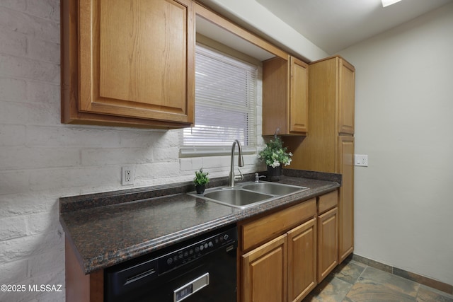 2416 W Placita Algodon, Tucson, AZ 85741 - kitchen with black dishwasher, a sink, dark countertops, baseboards, and dark stone finish floors