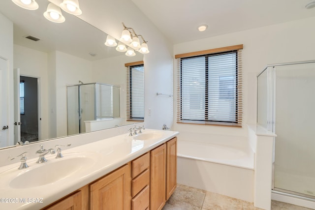 139 E Castlefield Cir, Tucson, AZ 85704 - full bathroom featuring a shower stall, a bath, and double vanity