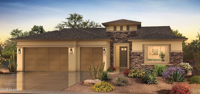 61784 E Travertine St, Oracle, AZ 85623 - view of front of home with stucco siding, stone siding, driveway, and an attached garage