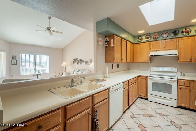1857 W Dalehaven Cir, Tucson, AZ 85704 - kitchen featuring white appliances, extractor fan, vaulted ceiling, light countertops, and light tile patterned floors