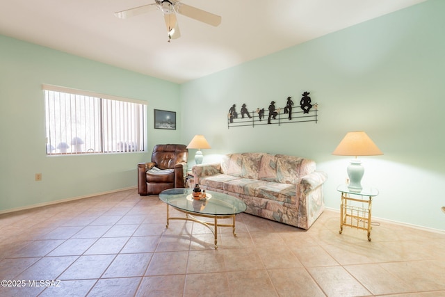 1857 W Dalehaven Cir, Tucson, AZ 85704 - tiled living area featuring a ceiling fan and lofted ceiling
