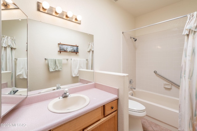 1857 W Dalehaven Cir, Tucson, AZ 85704 - bathroom featuring shower / bath combo with shower curtain, vanity, and tile patterned flooring