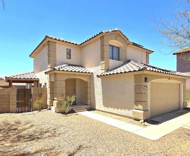 4295 W Banner Mine Pl, Tucson, AZ 85745 - mediterranean / spanish home with stucco siding, a gate, a tiled roof, and a garage