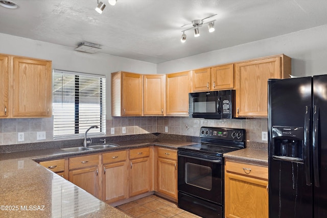 807 N Manzanita Pl, Saint David, AZ 85630 - kitchen featuring black appliances, backsplash, light tile patterned floors, and dark countertops