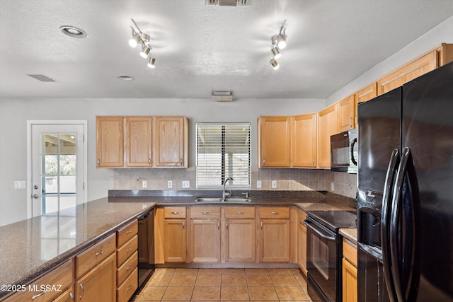 807 N Manzanita Pl, Saint David, AZ 85630 - kitchen with black appliances, decorative backsplash, a textured ceiling, and track lighting