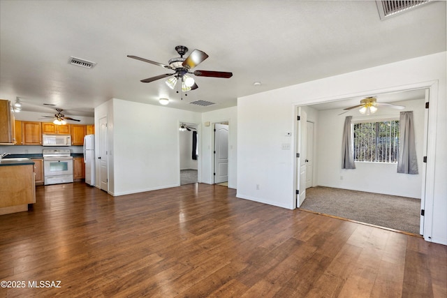 807 N Manzanita Pl, Saint David, AZ 85630 - unfurnished living room featuring ceiling fan and dark wood-style floors