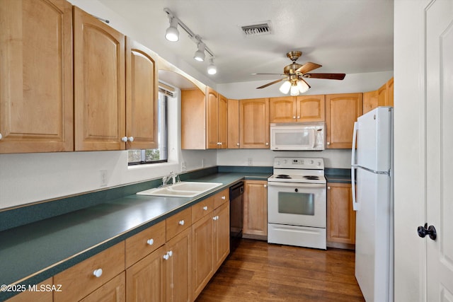 807 N Manzanita Pl, Saint David, AZ 85630 - kitchen with white appliances, dark countertops, ceiling fan, and dark wood-style flooring
