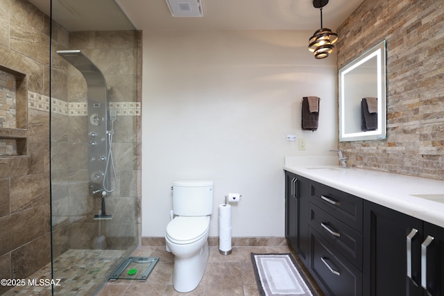 8142 N Modena Dr, Tucson, AZ 85742 - bathroom with double vanity, tiled shower, backsplash, and tile patterned flooring