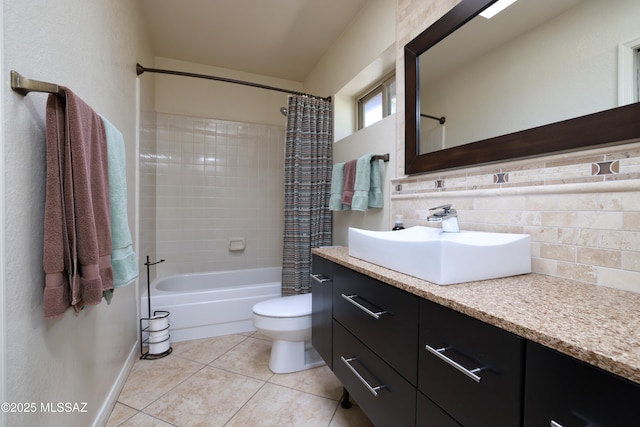 8142 N Modena Dr, Tucson, AZ 85742 - full bath featuring vanity, decorative backsplash, shower / bathtub combination with curtain, and tile patterned flooring