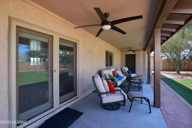 8142 N Modena Dr, Tucson, AZ 85742 - view of patio / terrace with french doors, ceiling fan, and an outdoor hangout area