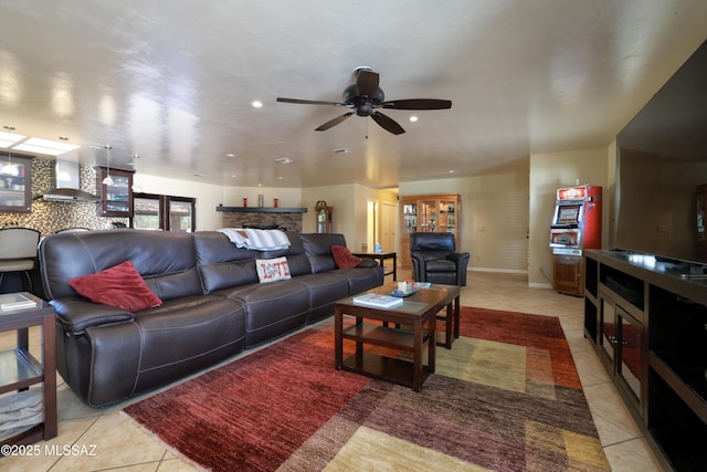 8142 N Modena Dr, Tucson, AZ 85742 - living area with light tile patterned flooring, ceiling fan, and recessed lighting