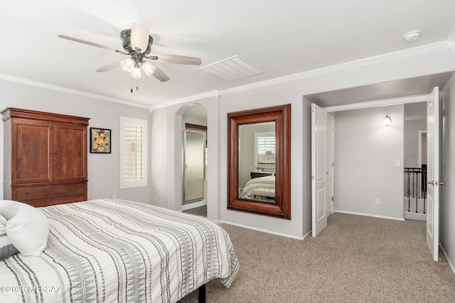4660 E Torrey Pines Ln, Chandler, AZ 85249 - bedroom featuring arched walkways, ornamental molding, light colored carpet, and a ceiling fan