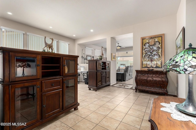 938 E Grass Meadow Pl, Oro Valley, AZ 85755 - interior space featuring light tile patterned floors, ceiling fan, and recessed lighting