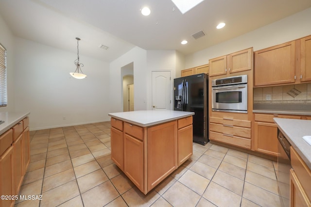 14085 E Copper Mesa Ct, Vail, AZ 85641 - kitchen with oven, black refrigerator with ice dispenser, light countertops, arched walkways, and dishwasher