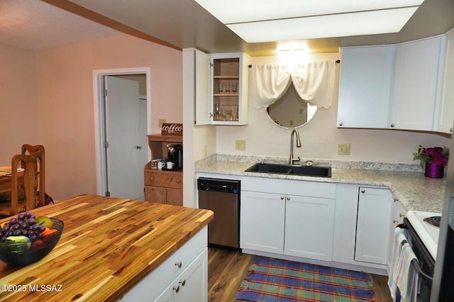 326 N Sage St, Pearce, AZ 85625 - kitchen featuring dishwasher, butcher block countertops, electric stove, dark wood-style flooring, and white cabinets