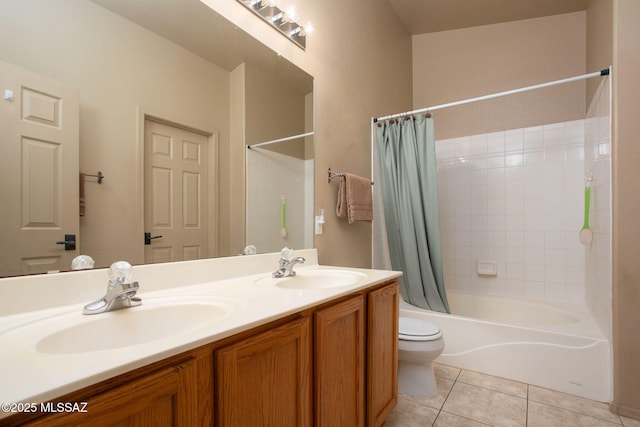 5442 W Cochie Springs St, Marana, AZ 85658 - bathroom with shower / bath combination with curtain, double vanity, and tile patterned flooring
