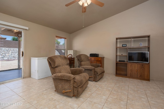 5442 W Cochie Springs St, Marana, AZ 85658 - living room with lofted ceiling, ceiling fan, and light tile patterned flooring