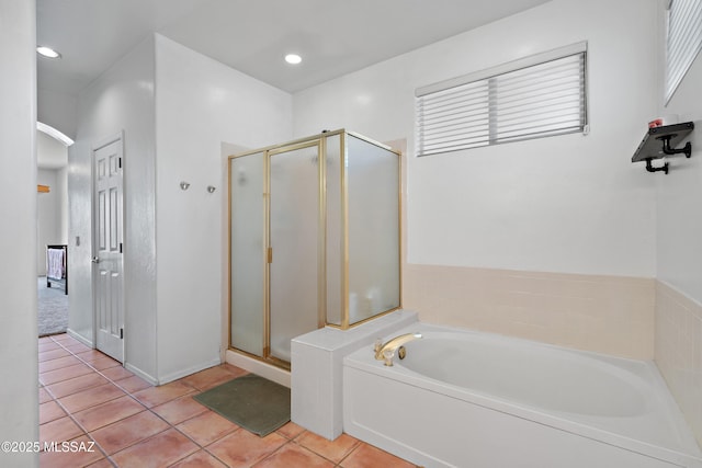 11120 E Mountain Gate Pl, Tucson, AZ 85749 - bathroom featuring a shower stall, tile patterned floors, a bath, plenty of natural light, and recessed lighting