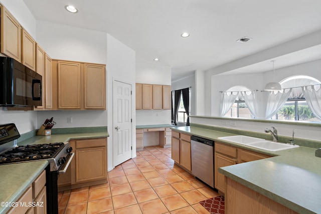 11120 E Mountain Gate Pl, Tucson, AZ 85749 - kitchen featuring gas range oven, black microwave, dishwasher, recessed lighting, and light tile patterned floors