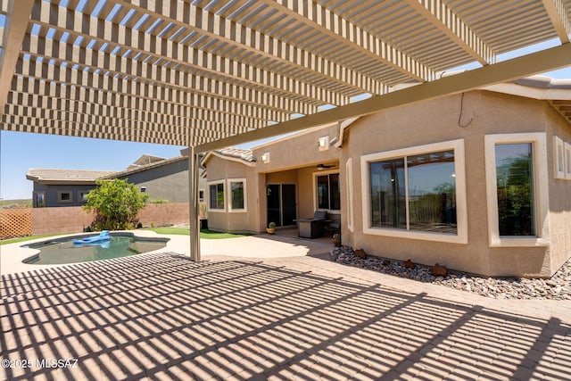 9407 E Greek Sage Way, Vail, AZ 85641 - fenced backyard with a patio area, ceiling fan, and a pergola