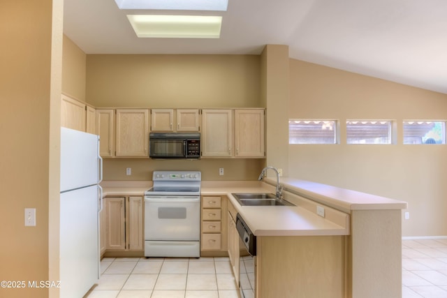 13491 N Tom Ryans Way, Oro Valley, AZ 85755 - kitchen with white appliances, light brown cabinets, light tile patterned floors, a peninsula, and light countertops