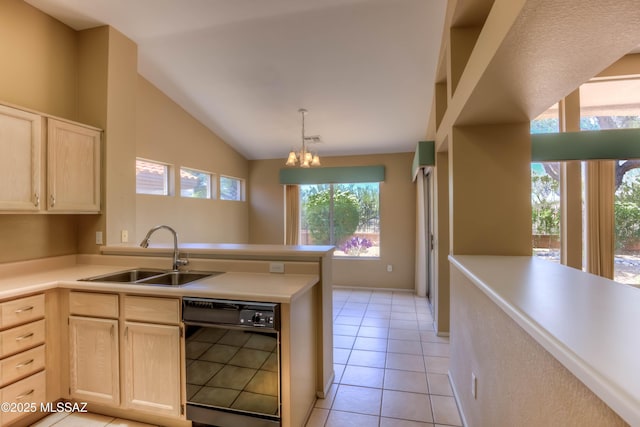 13491 N Tom Ryans Way, Oro Valley, AZ 85755 - kitchen featuring black dishwasher, light brown cabinets, lofted ceiling, a peninsula, and light countertops