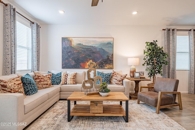 10490 W Beaman Ln, Marana, AZ 85653 - living room with healthy amount of natural light, wood finished floors, recessed lighting, and ceiling fan
