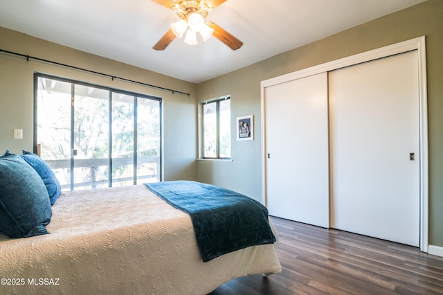 1115 W Santo Domingo Cir, Tucson, AZ 85704 - bedroom with wood finished floors, a closet, access to outside, and ceiling fan